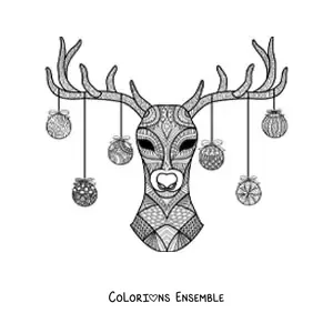 Image à colorier d'un renne avec des boules de Noël accrochées à ses bois