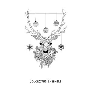 Image à colorier d'un renne avec des boules de Noël accrochées à ses bois