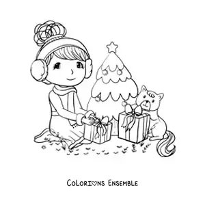 Image à colorier d'une fille avec un chat kawaii ouvrant des cadeaux à Noël