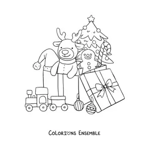 Image à colorier d'une boîte cadeau de Noël avec des jouets