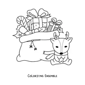 Image à colorier d'une hotte de cadeaux de Noël et d'une peluche de renne