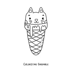 Image à colorier d'un chat sous forme de boule de glace kawaii dans un cornet