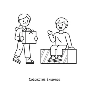 Image à colorier d’enfants avec des cadeaux de Noël