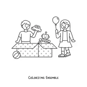 Image à colorier d’enfants ouvrant des cadeaux de Noël