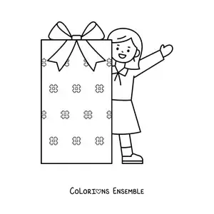 Image à colorier d’une fille avec un cadeau de Noël