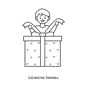 Image à colorier d’un garçon avec un cadeau de Noël