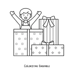 Image à colorier d’un garçon avec des cadeaux de Noël