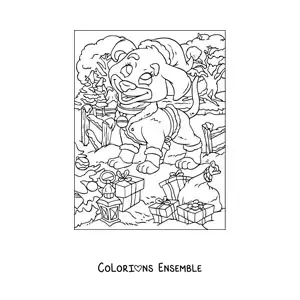 Image à colorier d’un chien animé avec des cadeaux de Noël