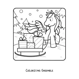 Image à colorier d’une licorne avec un traîneau rempli de cadeaux