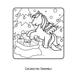 Image à colorier d’une licorne avec un sac de cadeaux