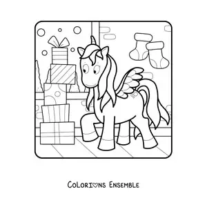 Image à colorier d’une licorne avec une pile de cadeaux
