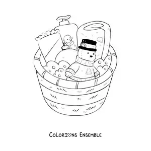 Image à colorier d’une corbeille de cadeaux de Noël