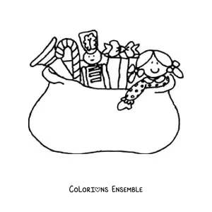 Image à colorier d’un sac de cadeaux de Noël rempli de jouets
