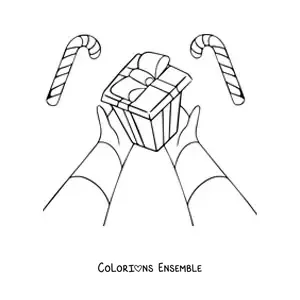 Image à colorier de mains offrant un cadeau de Noël