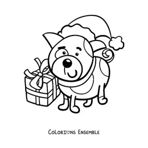 Image à colorier d’un chien avec un cadeau de Noël