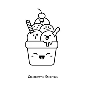 Image à colorier d'une glace à plusieurs parfums animée kawaii