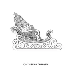 Image à colorier d’un traîneau avec des cadeaux de Noël, style zentangle