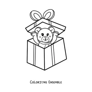 Image à colorier d’un ours en peluche dans une boîte cadeau de Noël