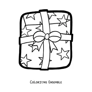 Image à colorier d’un grand cadeau de Noël décoré d’étoiles