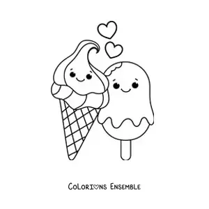 Image à colorier d'un couple de glaces kawaii romantique