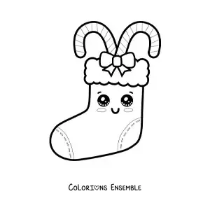 Image à colorier d’une botte de Noël kawaii avec des cannes de bonbon