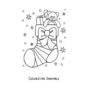 Image à colorier d’une chaussette de Noël avec un nœud et un ours en peluche