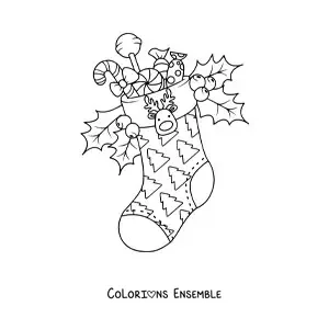 Image à colorier d’une botte de Noël avec des bonbons et un ornement de renne