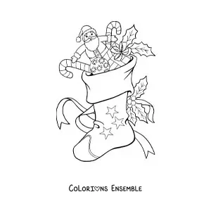 Image à colorier d’une botte de Noël avec des jouets et des bonbons