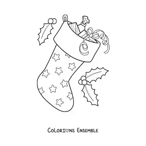 Image à colorier d’une botte de Noël remplie de cadeaux