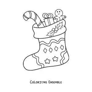 Image à colorier d’une chaussette de Noël remplie de cadeaux