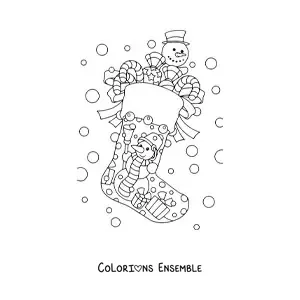 Image à colorier d’une chaussette de Noël avec un bonhomme de neige