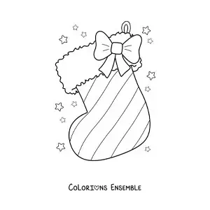 Image à colorier d’une botte de Noël avec un nœud et des rayures