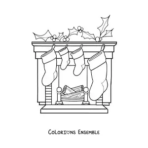 Image à colorier de petites bottes de Noël sur la cheminée