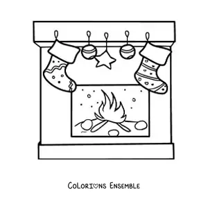 Image à colorier de chaussettes de Noël sur la cheminée