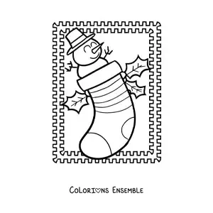 Image à colorier d’une chaussette de Noël avec un bonhomme de neige animé