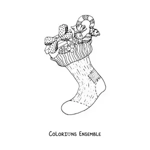 Image à colorier d’une chaussette de Noël réaliste remplie de cadeaux