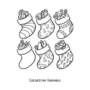 Image à colorier de petites bottes de Noël avec des cadeaux