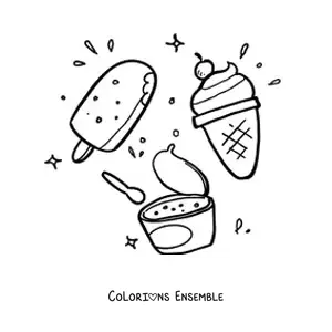 Image à colorier d'une coupe de glace à côté d'une glace à l'eau et d'un cornet de glace