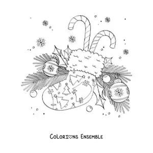 Image à colorier d’une chaussette de Noël avec des cannes de bonbon, des boules et des branches de sapin