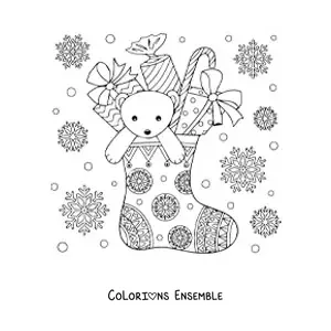 Image à colorier d’une botte de Noël avec des cadeaux et un ours en peluche à l’intérieur