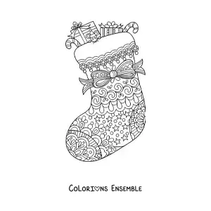 Image à colorier d’une botte de Noël avec des cadeaux et un nœud, style zentangle