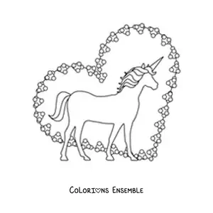 Image à colorier de la silhouette d’une licorne avec un cœur en arrière-plan