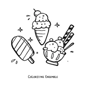 Image à colorier d'une glace à l'eau avec une coupe de glace et un cornet