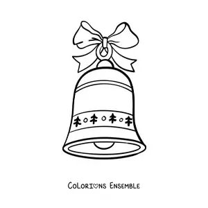Image à colorier d’une cloche de Noël avec un nœud et des branches de pin