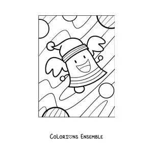 Image à colorier d’une cloche de Noël animée avec un bonnet de Père Noël