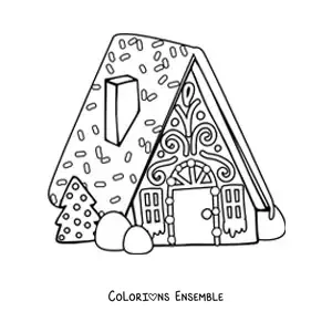 Image à colorier d’une maison en pain d’épices avec un sapin de Noël