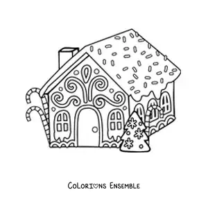 Image à colorier d’une maison en pain d’épices avec un sapin de Noël et des cannes de bonbon