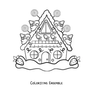 Image à colorier d’une maison en pain d’épices kawaii avec des fraises