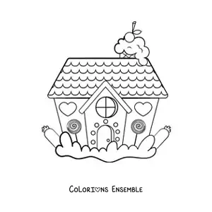 Image à colorier d’une maison en pain d’épices kawaii avec des cœurs