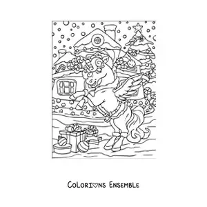 Image à colorier d’une licorne animée avec une maison en pain d’épices